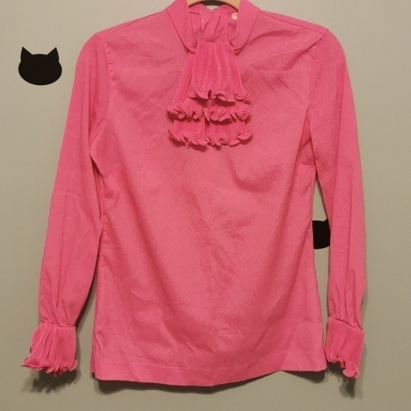 Vintage 1960s Blouse Pleated Jabot Pink Medium - Picture 1 of 7